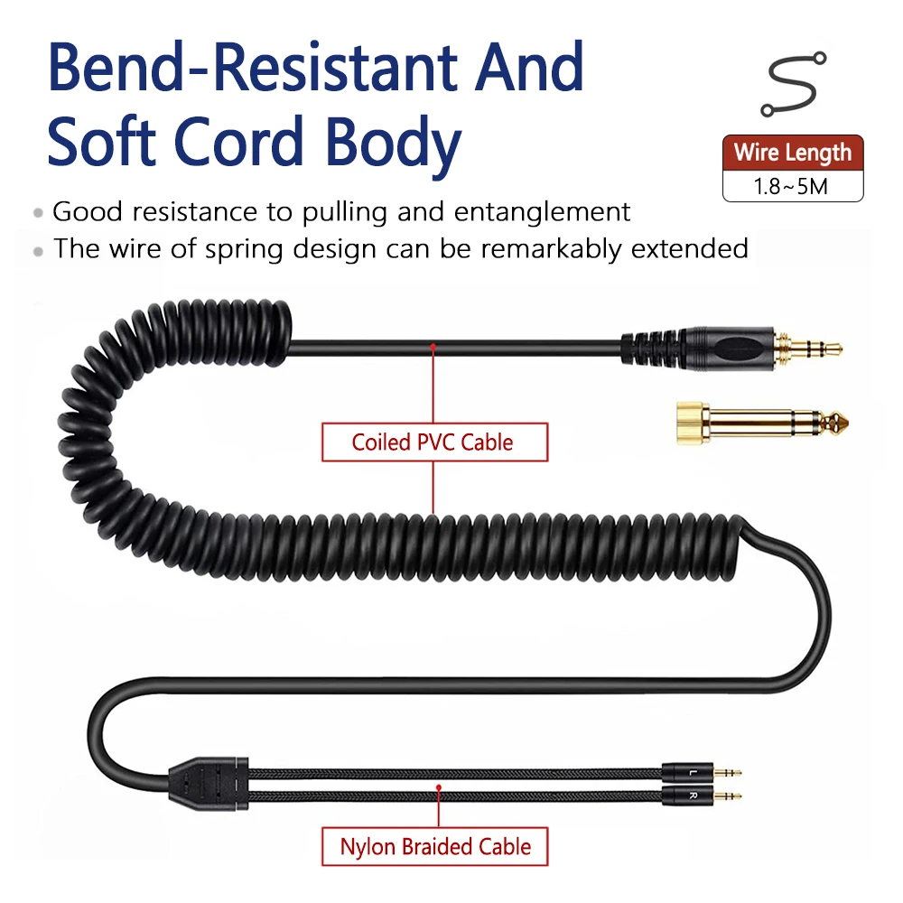 

Headphone Upgrade Cable Spring Headset Wire with 3.5MM + 6.35MM jack to Dual 2.5MM Plug for HIFIMAN HE400i HE560 HE1000