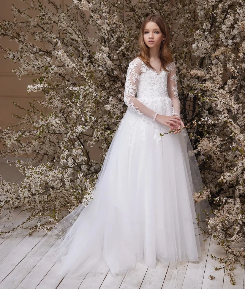 

First Communion Dresses Long-sleeved Tulle Lace Kid Princess Flower Girl Dress Wedding Party Gown Kids Surprise Present