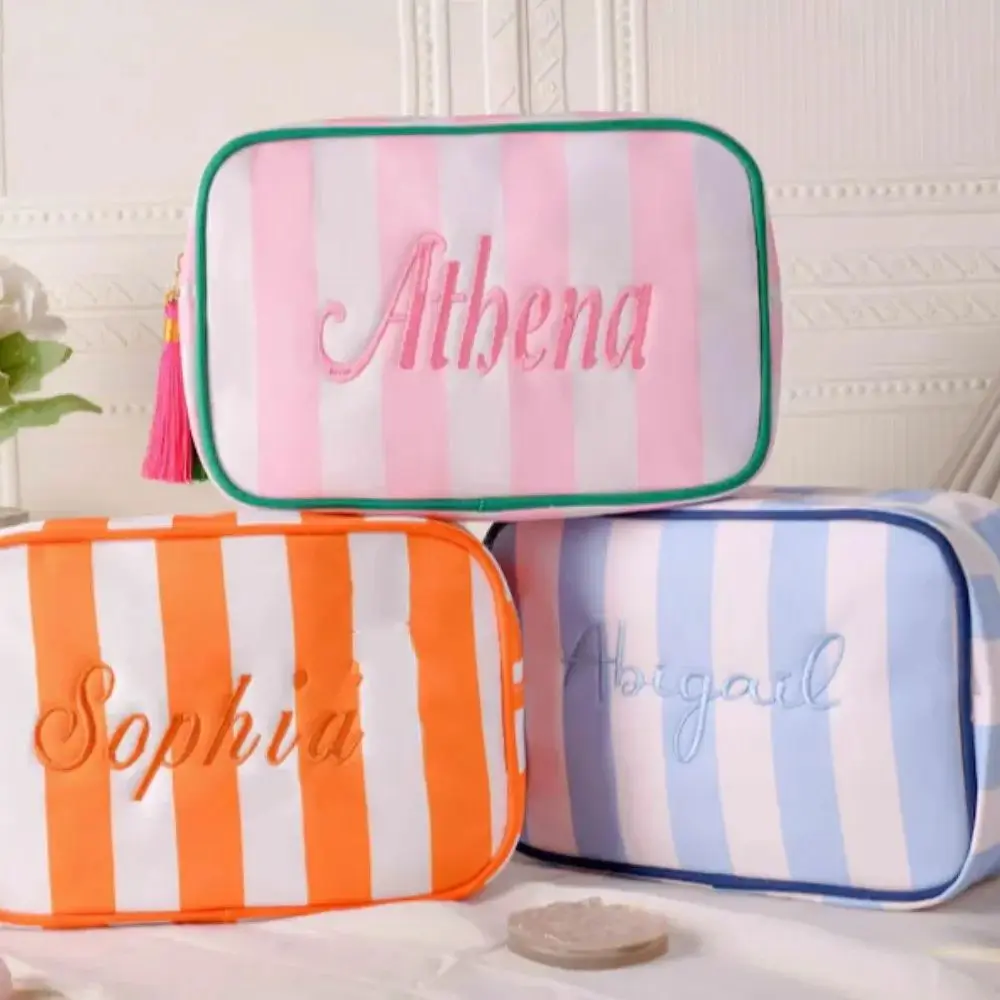 Embroidered Name Makeup Bag, Women Monogramed Toiletries Bag, Personalized Ladies Travel Storage Bag Striped Tassel Toiletry Bag