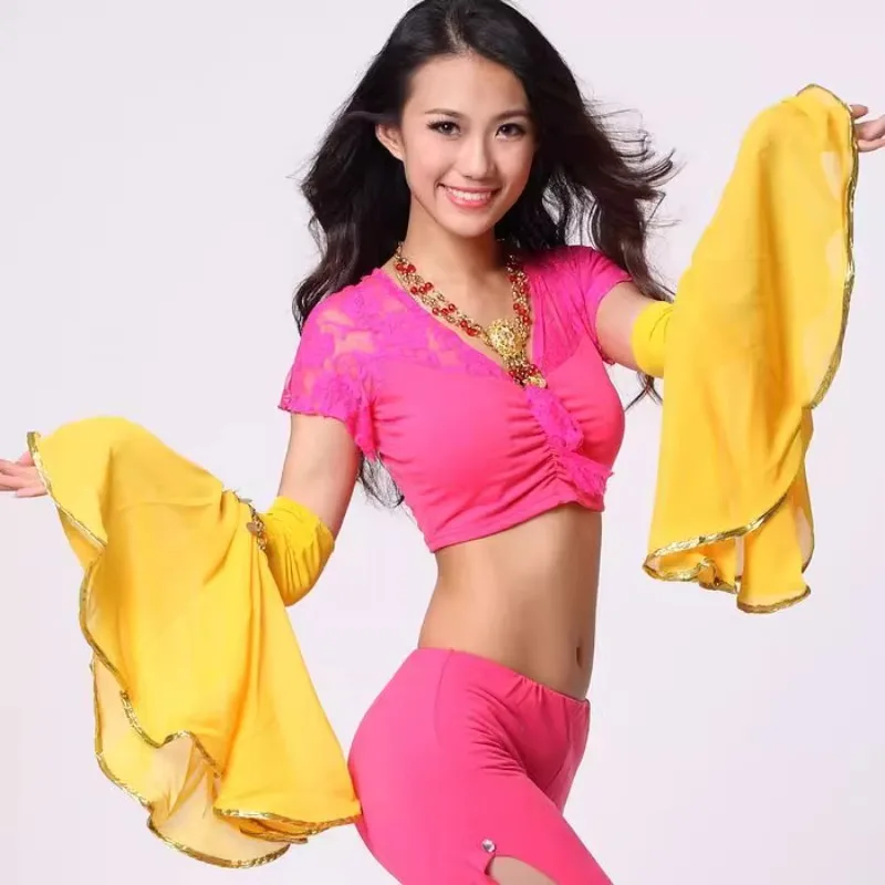 Customized Belly Dance Costumes Chiffon Gold Border Hanging Coin Hand Decorations Butterfly Arm Gauze Sleeves/pair