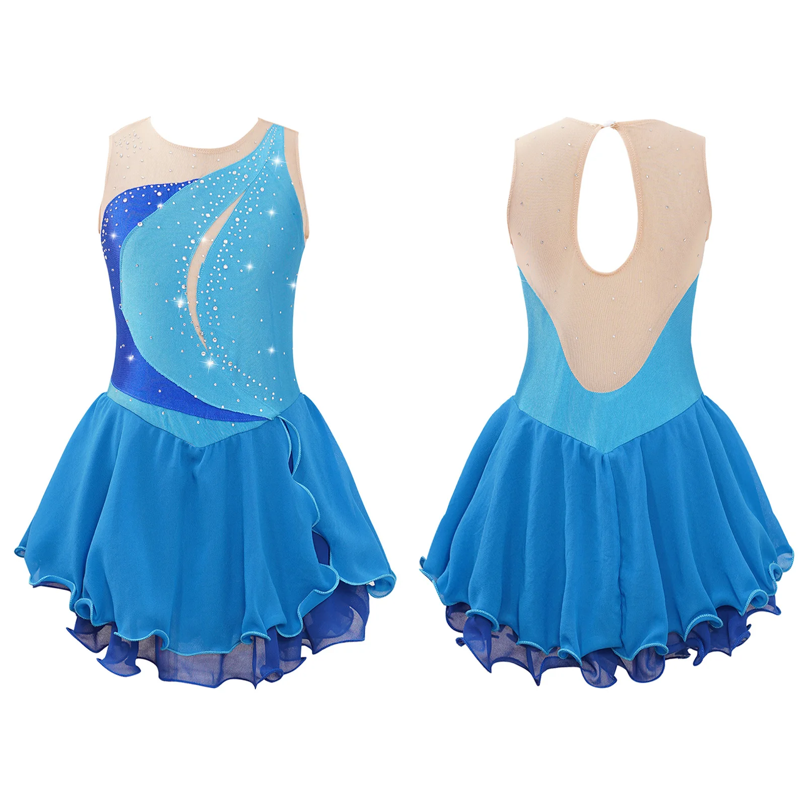 Kinderen Meisjes Kunstschaatsen Jurk Lyrische Dans Ballet Gymnastiek Kostuum Mouwloos Glanzend Strass Sheer Mesh Turnpakje Tutu