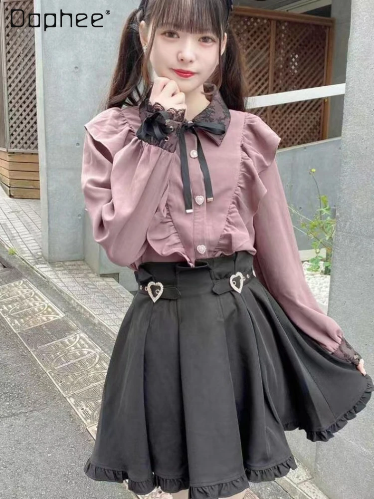 

Rojita Japanese Style Sweet Heart Buckle Shirts Woman 2023 Autumn and Winter New Lolita Kawaii Ribbon Bow Blouse for Women