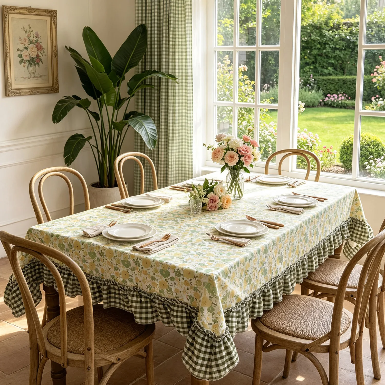 American Pastoral Flower Print Green Tablecloth Rectangular Coffee Table TV Cabinet Cover,Restaurant Living Room Home Decoration