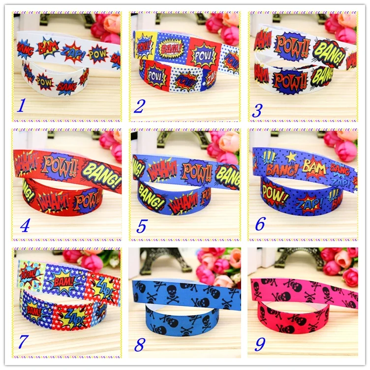 7/8''  Bang Pow Bam Skull Printed Grosgrain Ribbon Material  Headwear Party Decoration Diy Sewing Craft 22mm S188