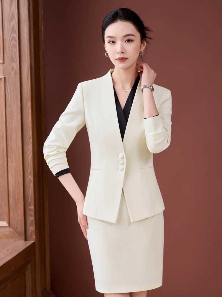 High-end professional women's suits for spring and autumn, elegant goddess style, collarless blazers, hotel front desk uniforms,