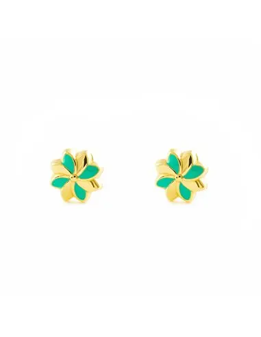 Earrings yellow gold girl green enamelled flower