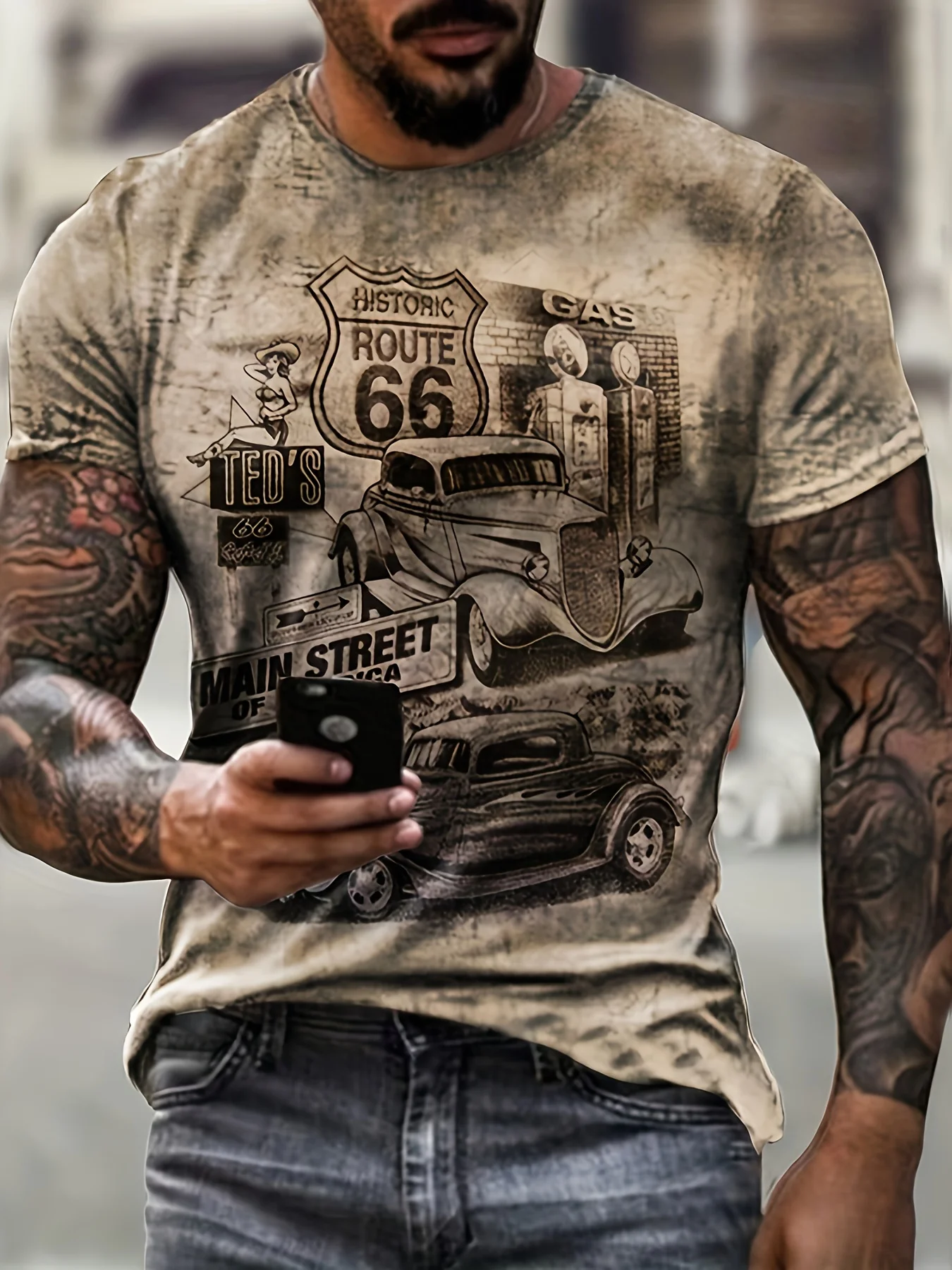 Men Retro American Route 66 T Shirt Distressed Vintage Classic Car Highway Graphic Short Sleeve Casual Gift Tee