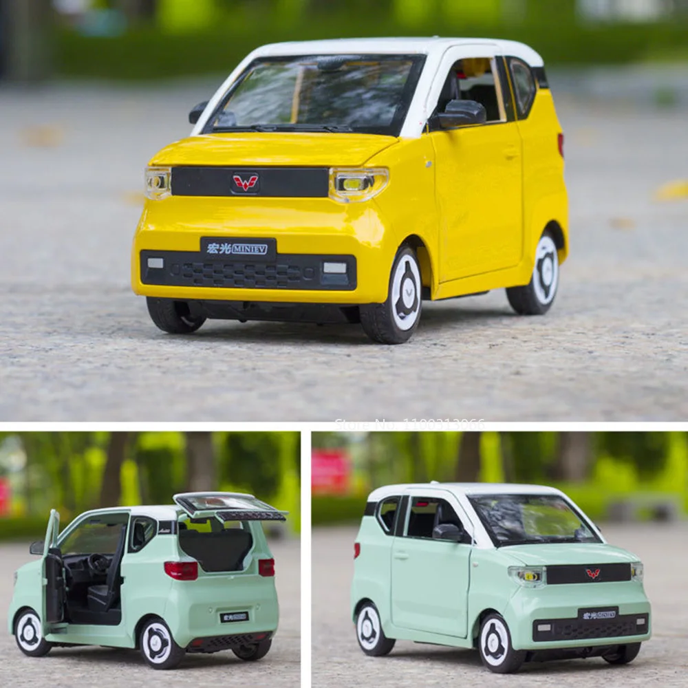 1:24 modelo de carros de brinquedo escala WULING HONGGUANG MINI EV liga diecast roda puxar para trás com modelos de veículos de música leve brinquedos infantis