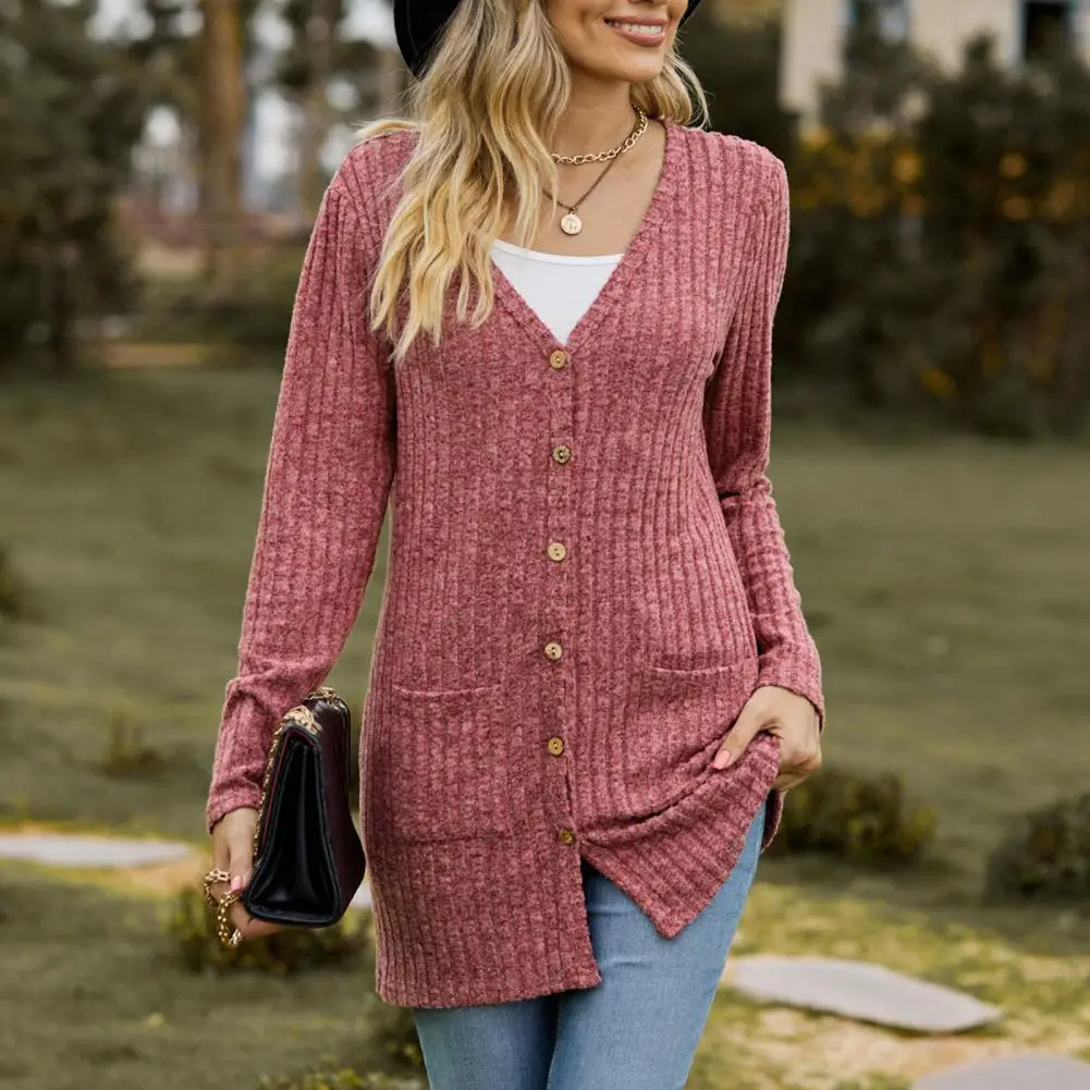 Autumn New Women's Stripe V-Neck Solid Colour Button Long Sleeve Ladies Casual Extensions Cardigan Jacket Coat