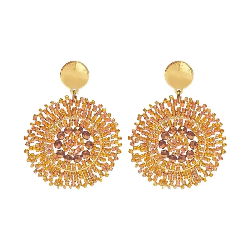 Women's Bohemian Handcrafted Earrings with Rice Beads Crystal Hollow Circle Fashionable Textile Jewelry Accessory