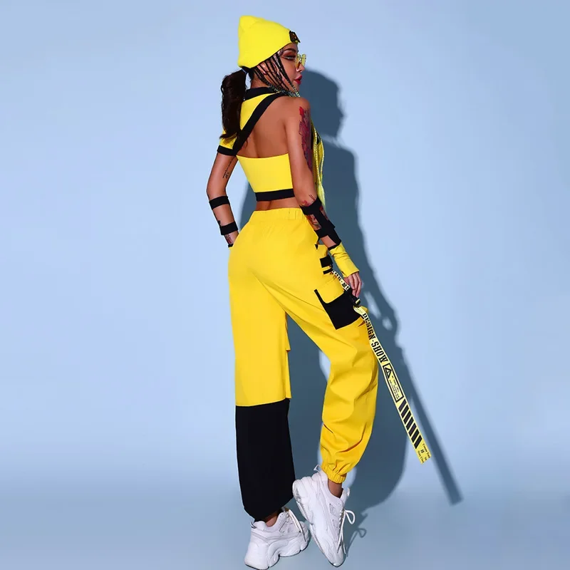 Jazz Dancer Outfit Women Hip Hop Dancewear Cheerleader Unidorm Stage Costume Yellow Cargo Pants Crop Tops DJ DS Clubwear DL8188