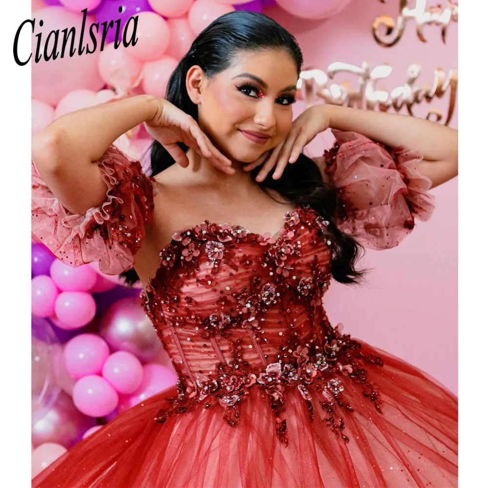 

Burgundy Quinceanera Dresses Sweetheart Detached Sleeves Applique Court Train Birthday Party Gowns Vestidos De 15 Anos