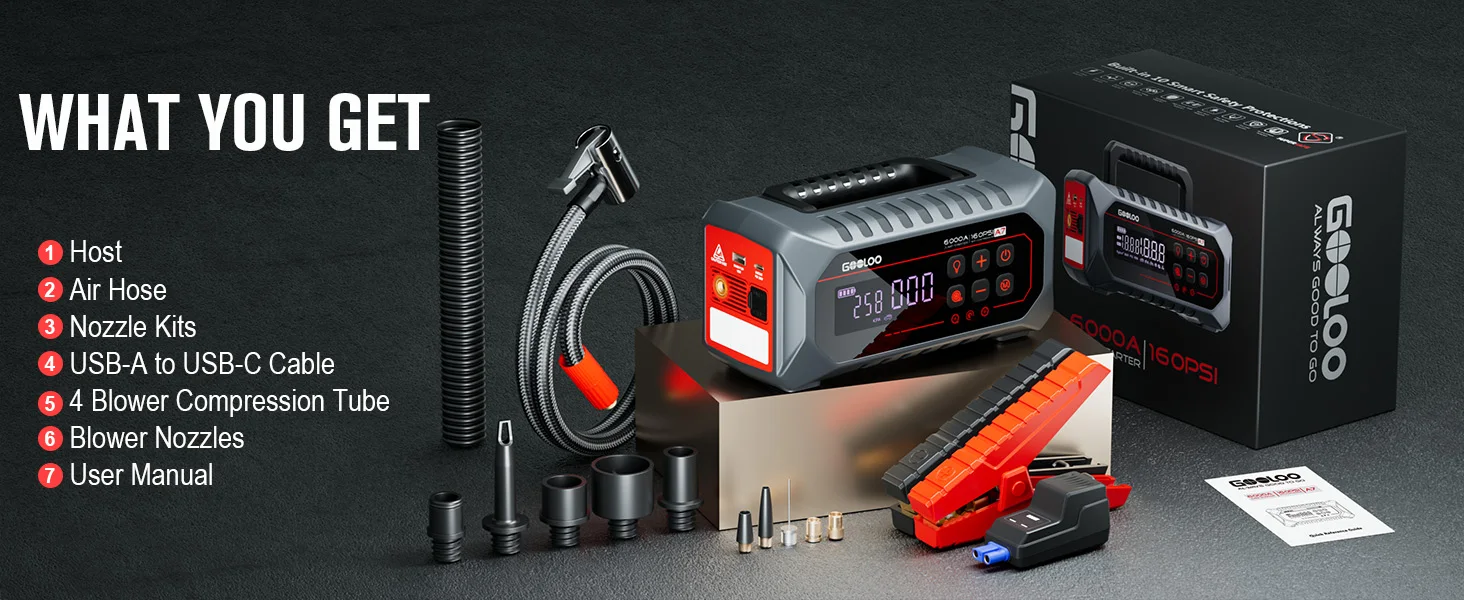 GOOLOO 24000mAh Tragbarer Starthilfe-Powerbank mit 160PSI Luftpumpe, 12V Auto-Booster für Benzin- und Diesel-Fahrzeuge, Batterie-Starter und Powerbank für Fahrzeugmotoren – Detail 16
