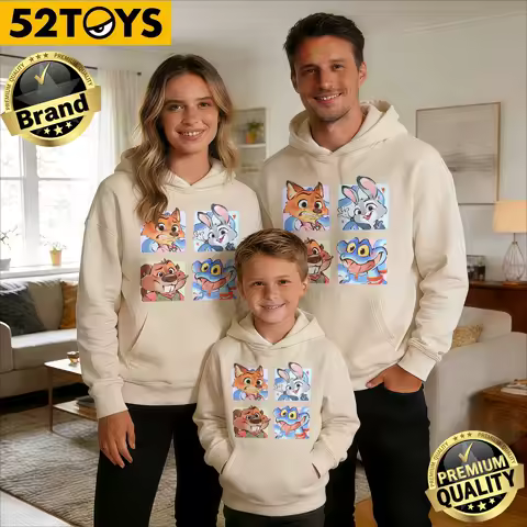 2026 Autumn Winter Disney Cartoon Family Matching Oversized T-shirts 100% Cotton Nick Judy Stitch Grid Print Casual Adults Kids