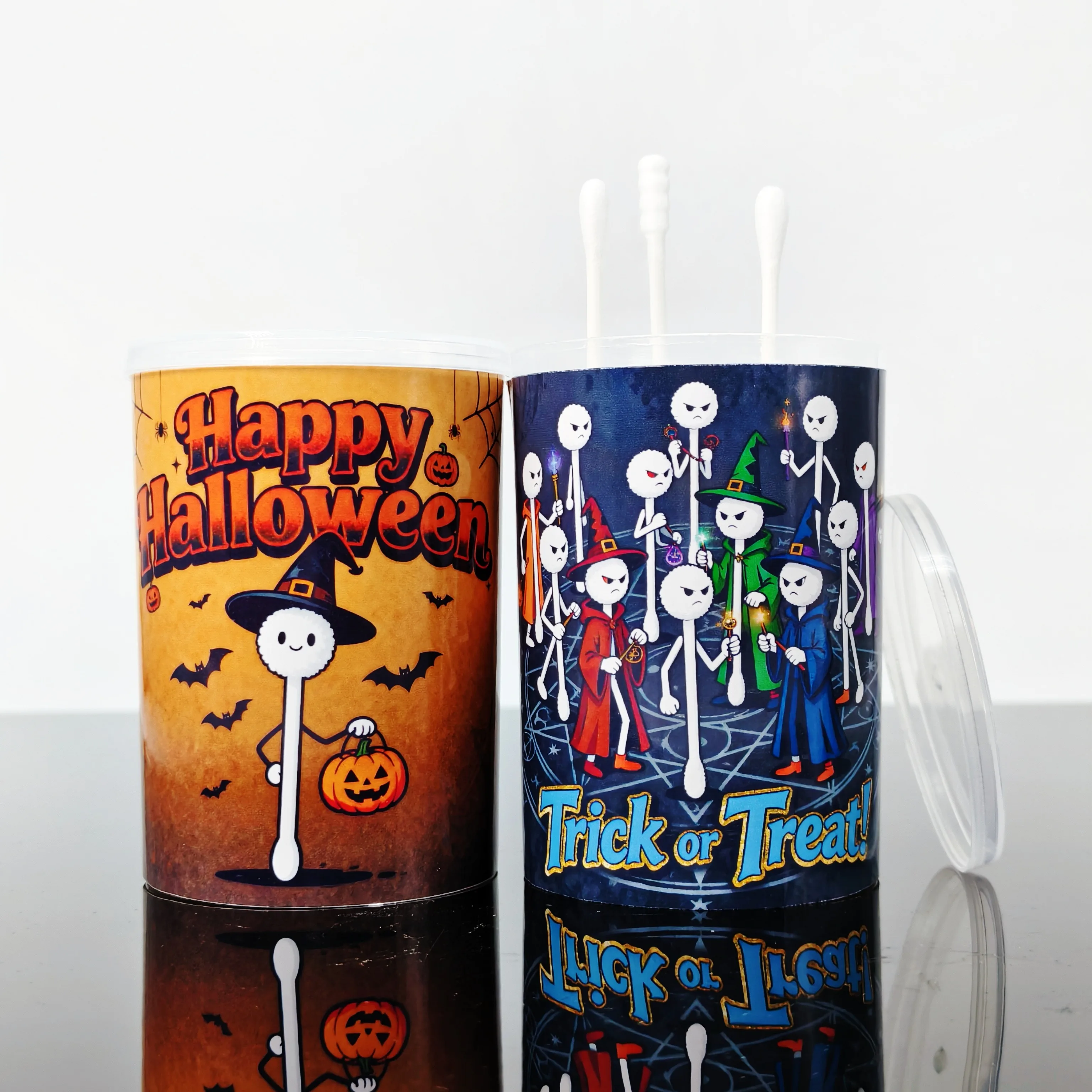 200개 할로윈 테마 양면 두꺼운 면봉, 나선형 원형 면봉, 마법 요소 면봉