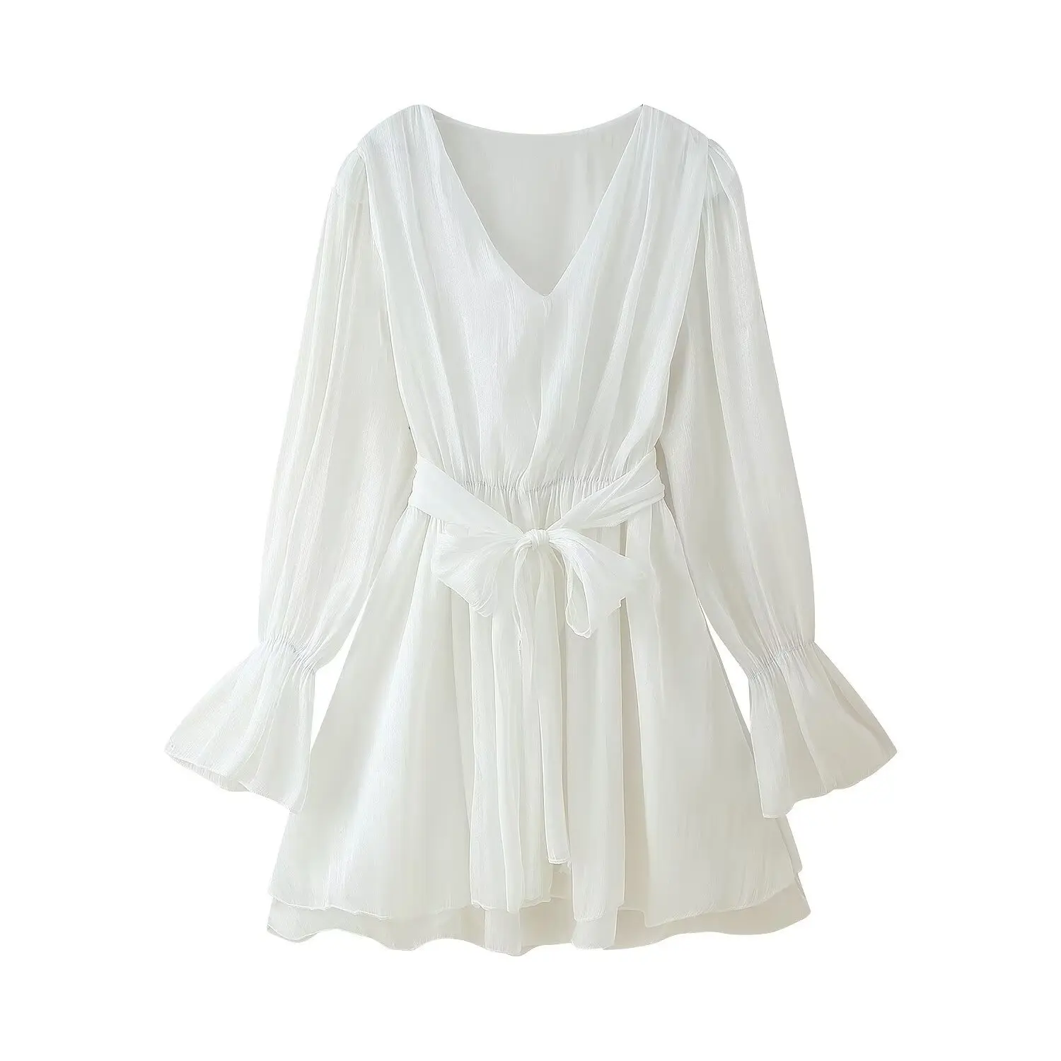 Elegant Pleated A-line Mini Dresses Holiday Party Robe Women Autumn Puff Long Sleeve Dress V Neck Bow Sashes Dress