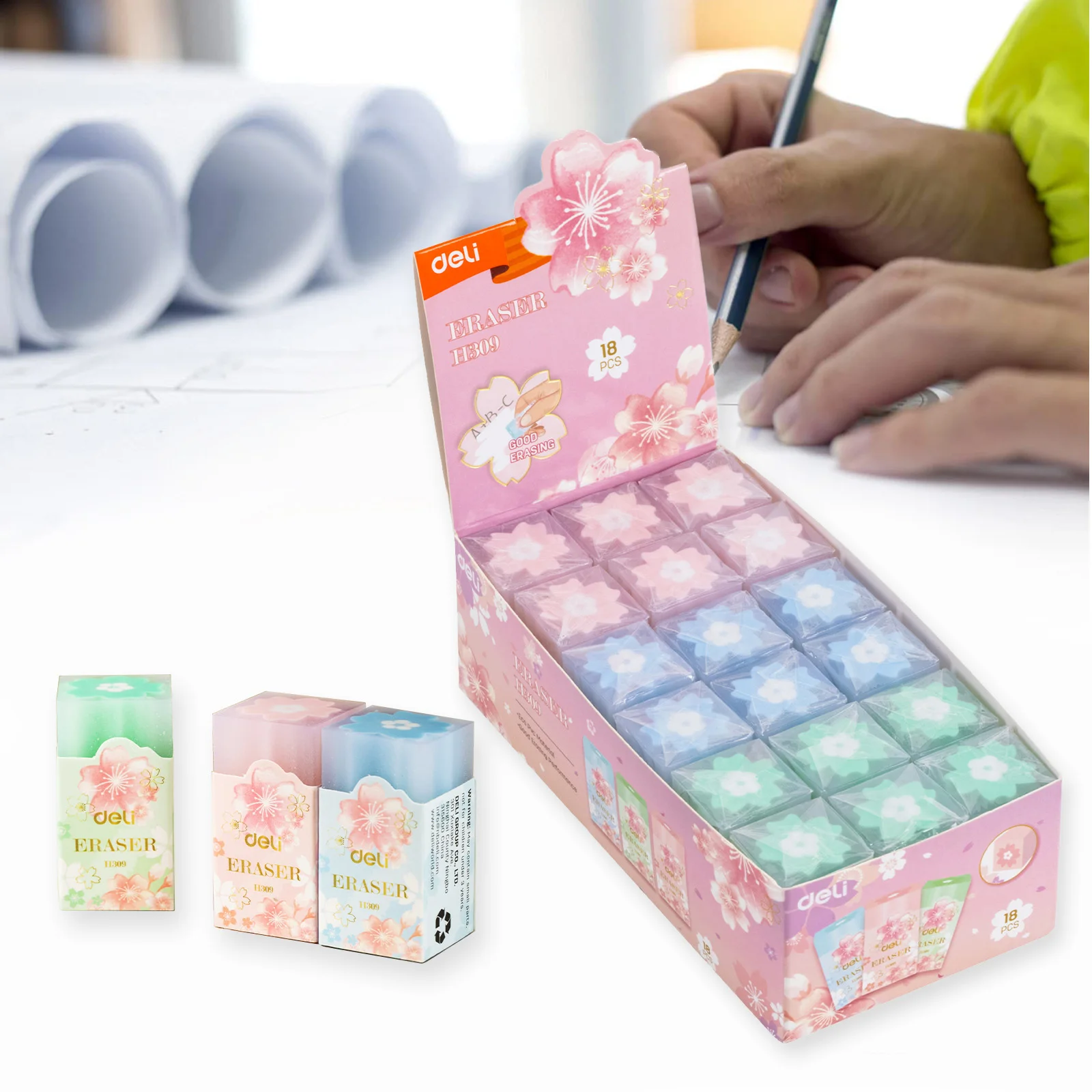 

Deli 18PCS/SET Kawaii Colored Cute Erasers Sakura Rubber Pencil Writing Correction Gift for Student School Stationery Supplies