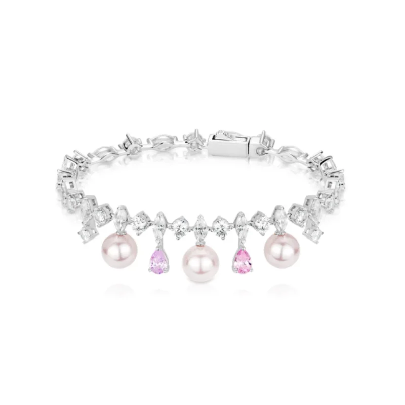 Bellux 925 Silver Synthetic Zircon Pink White Water Drop Pear Shaped Full Diamond Shell Pearl Fashion Jewelry Tassel Bracelet