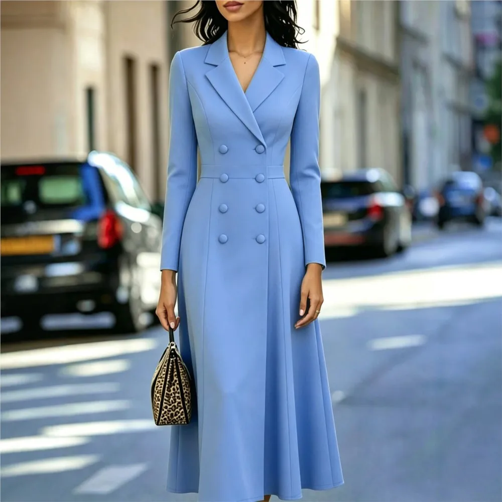 Elegantes Einfarbiges Kleid für Damen Langes Gewand Langarm Büro-Arbeitskleidung Lässiger Reverskragen Vestidos 2026 Knöpfe A-Linie Sommerkleid