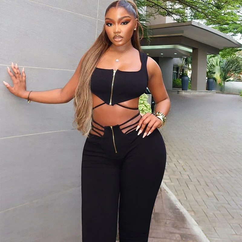 

Sexy Black Zipper Bandage Ribbed 2 Piece Set for Women Matching Sets Party Sleeveless Vest Crop Top and Flare Pants Club Outfits