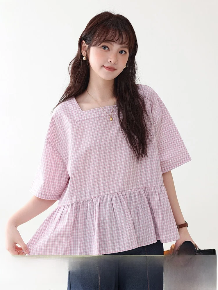 

AMUU Оригинальная женская летняя рубашка из чистого хлопка с квадратным воротником и рукавом до локтя, новый стиль, дышащая, комфортная, в корейском стиле