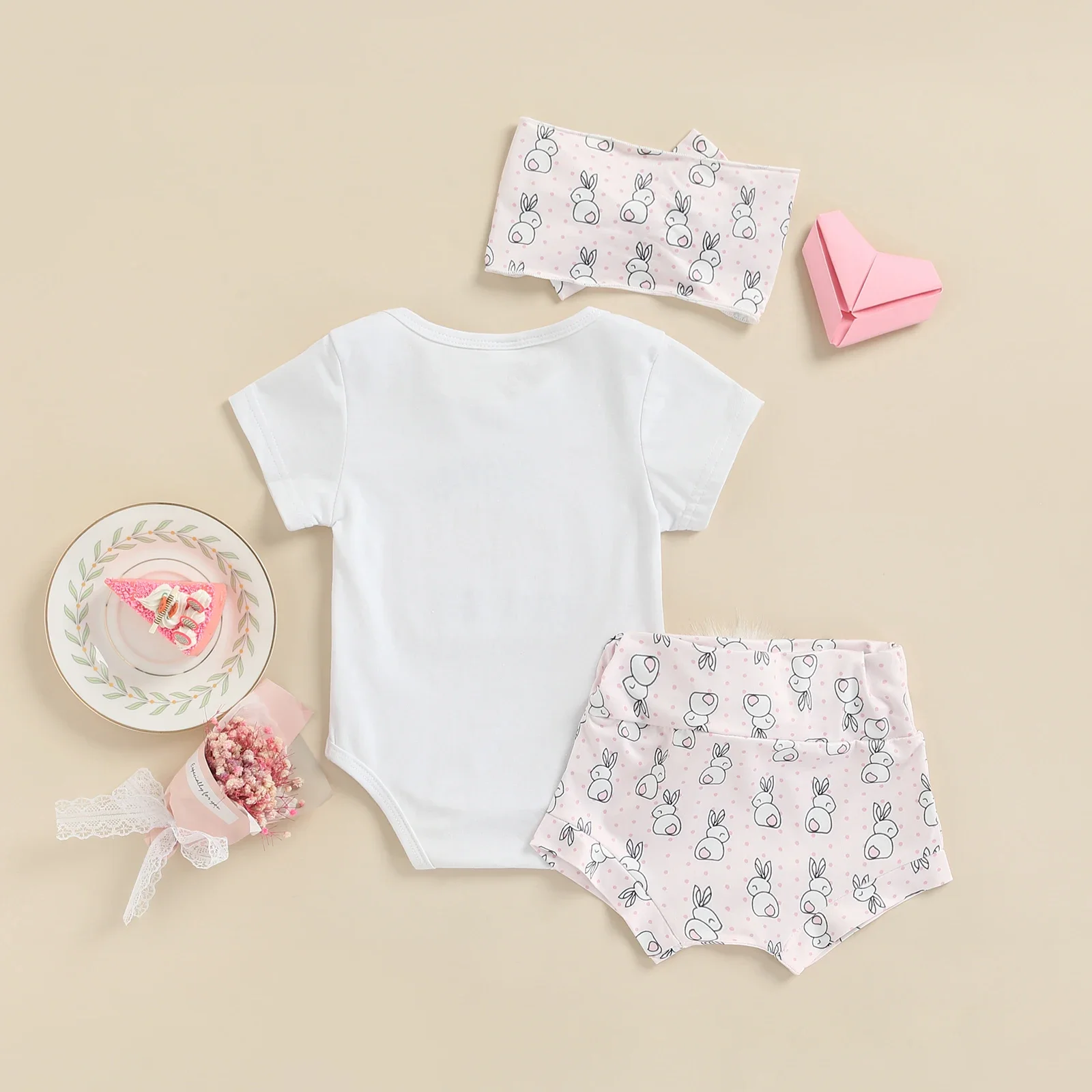 Lioraitiin Conjunto de ropa de Pascua para niña recién nacida: body de manga corta, pantalones cortos, diadema.