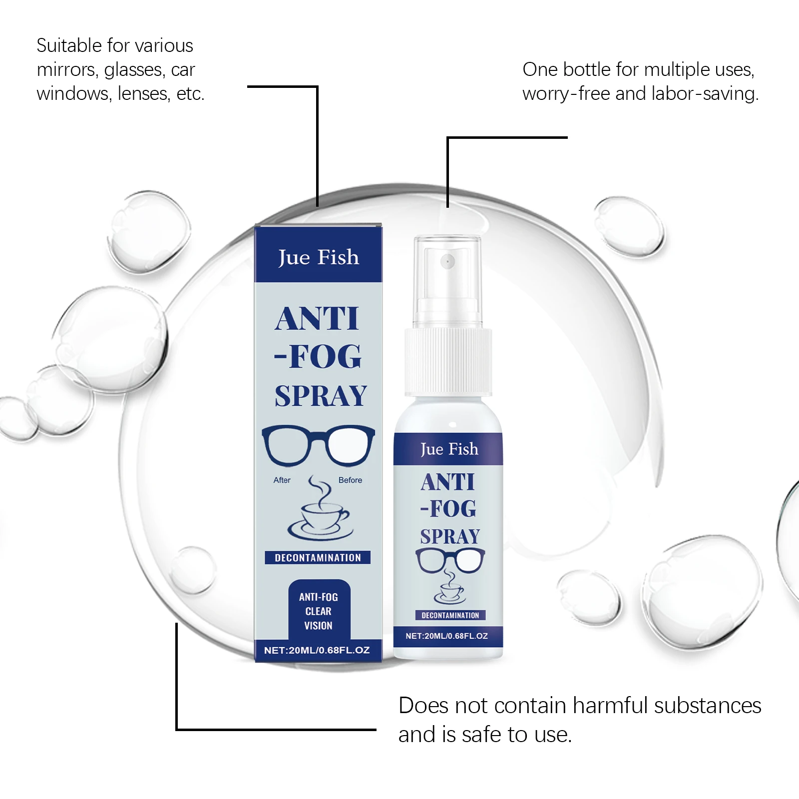 Jue-fish Anti Fog Spray for Eyeglasses Long Lasting Defogging Agent Cleans Lenses Water Repellent Clear Vision for All Lenses