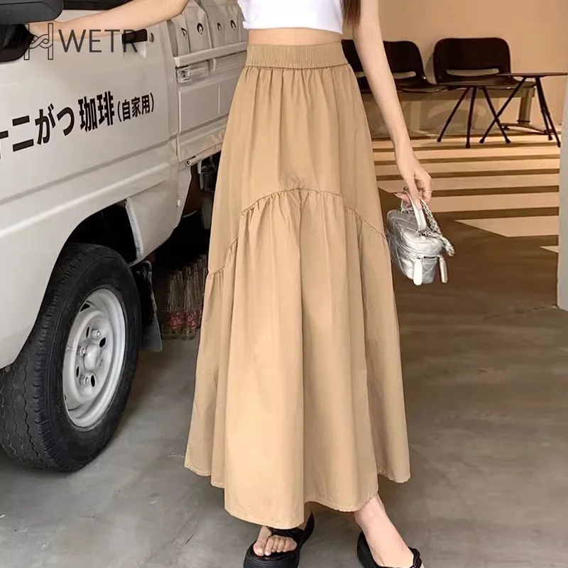 New Korean Style Fashionable Design Pleated Stitching Elastic Waist Long Skirt