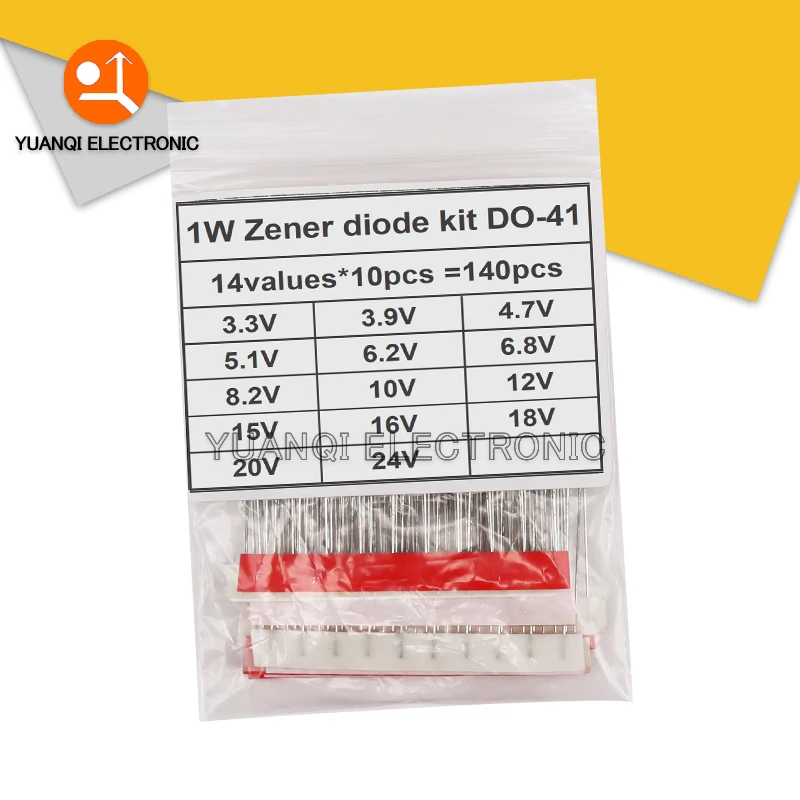 140pcs 1W Zener Diode Kit 3.3V - 24V DO-41 14values*10pcs 3.3V - 24V Electronics Component DIY Set