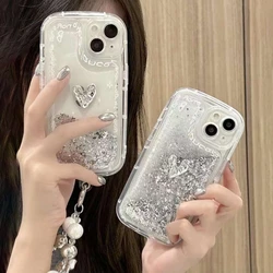 Luxury Glitter Electroplating 3D Love Heart Beaded Bow Bracelet Phone Case For iPhone 16 15 14 13 12 11 Pro Max Soft Back Cover