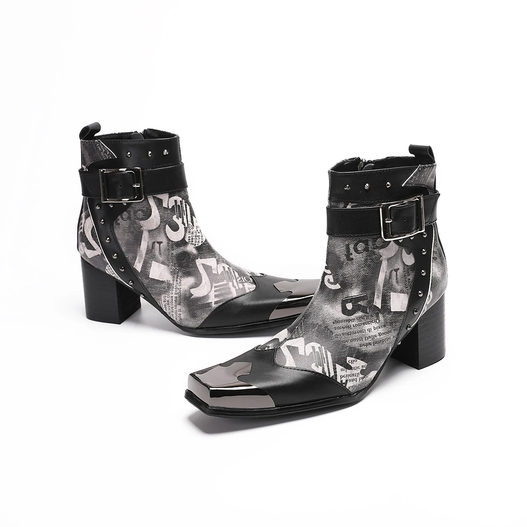 fashion print buckle strap men genuine leather ankle boots plus size club party short boots jazz dancer Drag Queen show shoes