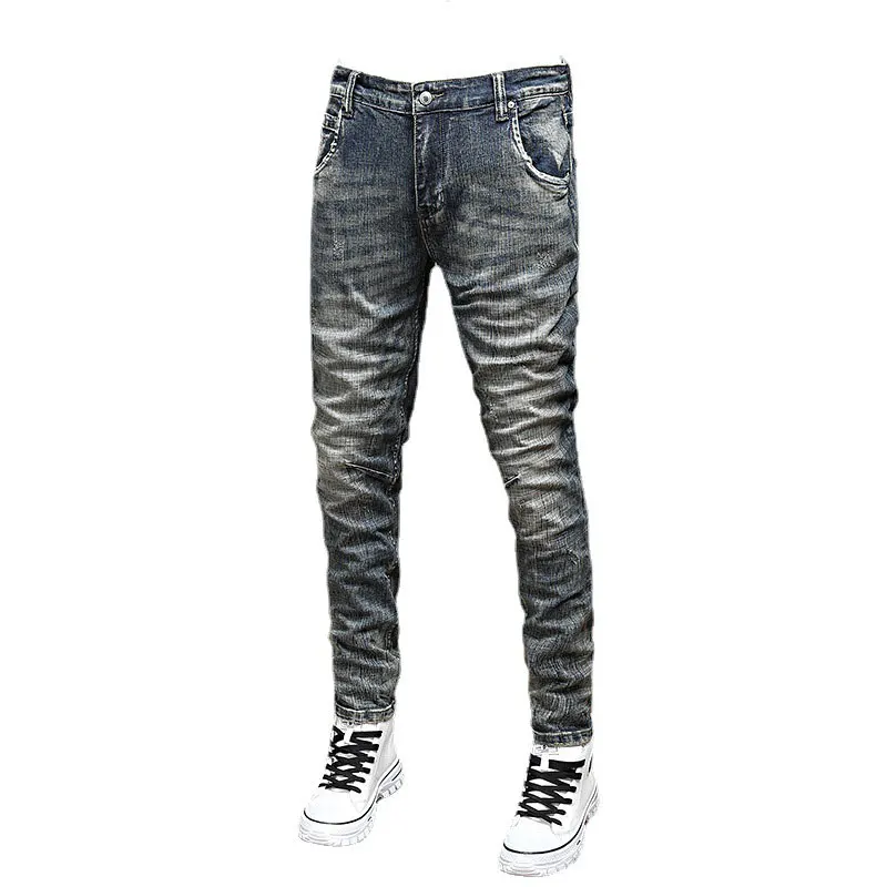 Fashion Designer Men Jeans Retro Gray Blue Elastic Stretch Slim Fit Ripped Jeans Men Vintage Trousers Casual Denim Pants Hombre