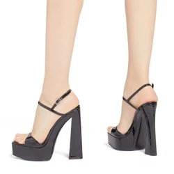 Black Patent Leather Platform Thick Heel Sandals Woman Summer 2024 Sexy Square Toe Buckle Thick Sole High Heels Shoes for Women