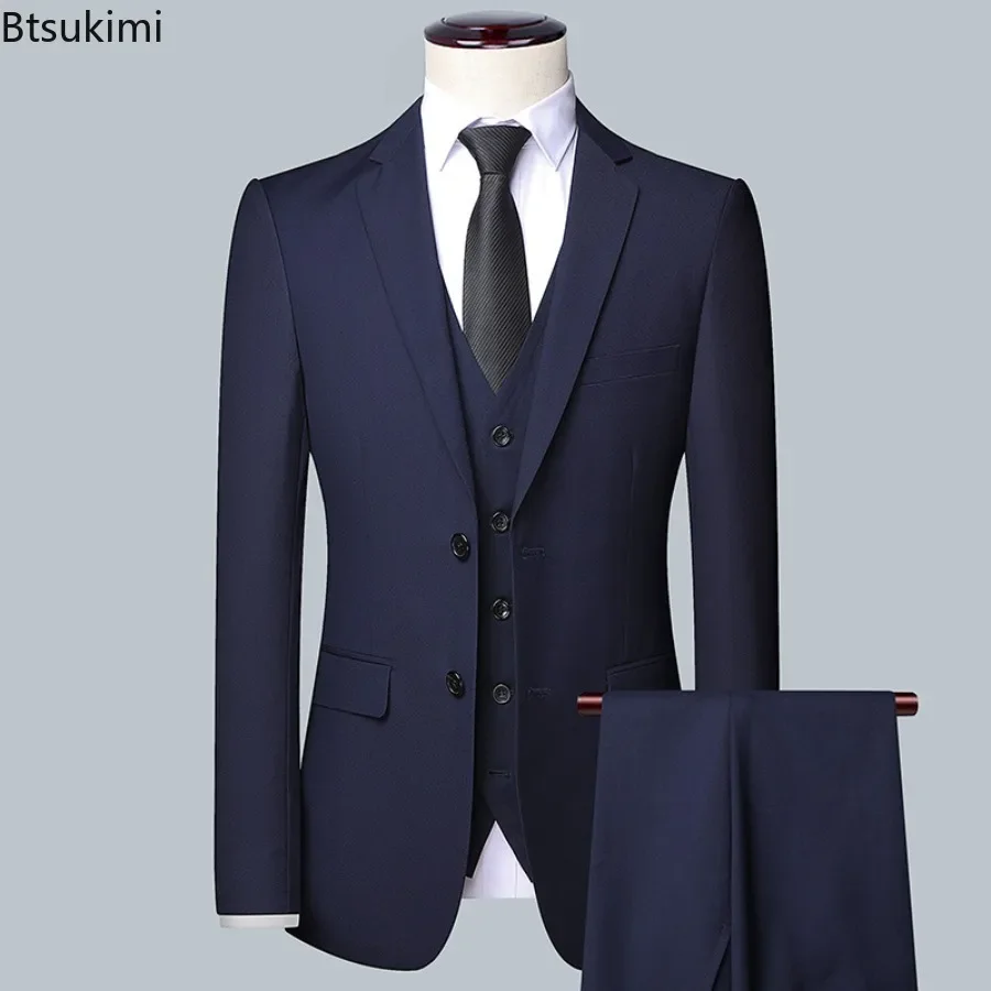 High Quality Men's Solid Business Formal Suit Sets Fashion Korean Style Solid Slim Groom Wedding Dress Two or Three Pieces Sets