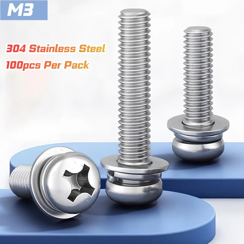 3 In 1 Combined Fasteners M3 304 Stainless Steel Cross Head Screws Flat Spring Washer Integrated Hardware Screws