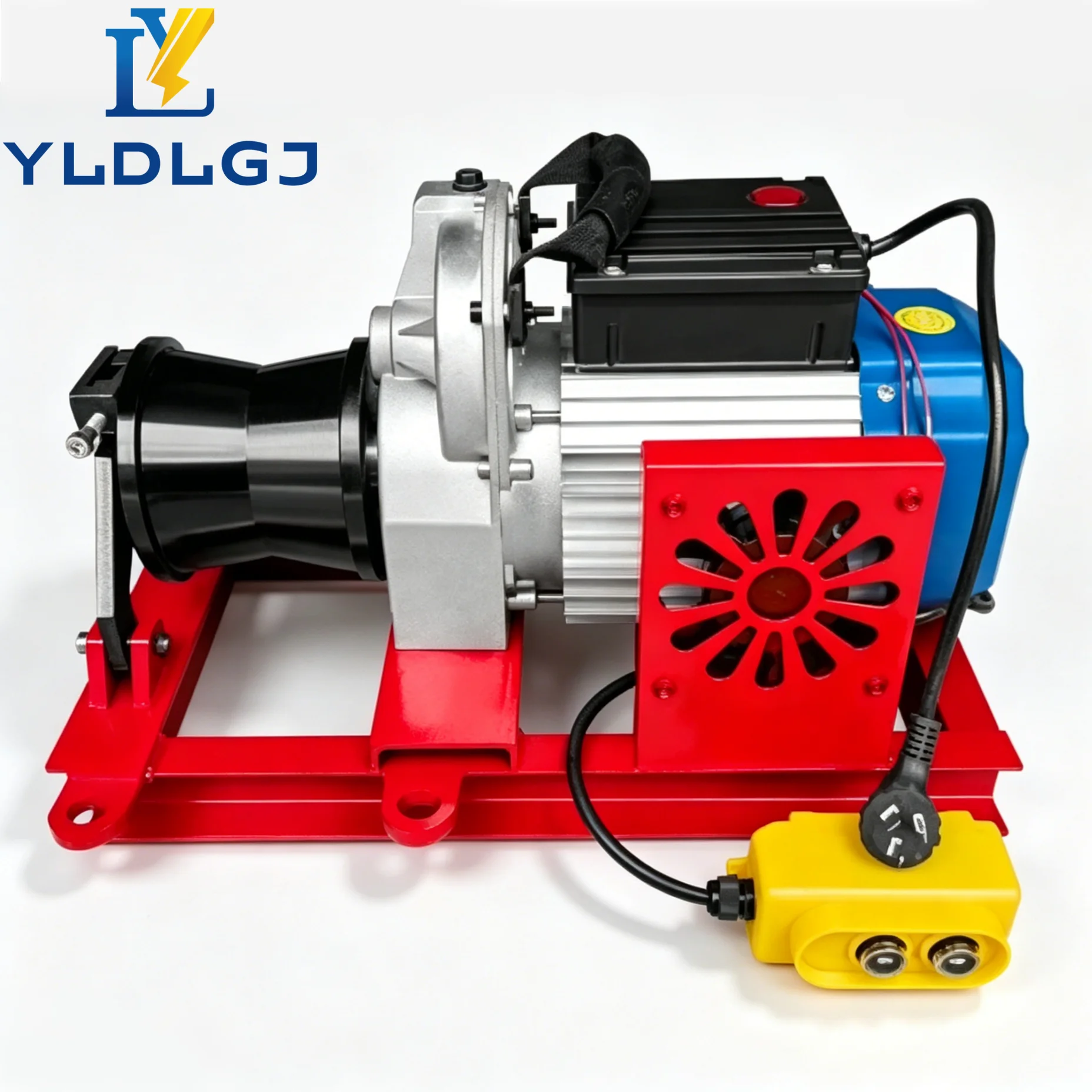 YILI Compact Electric Capstan Cable Winch Mobile Motor Drum Puller Pendant Remote Red Steel Rack Powered Work Stringing Job Gear