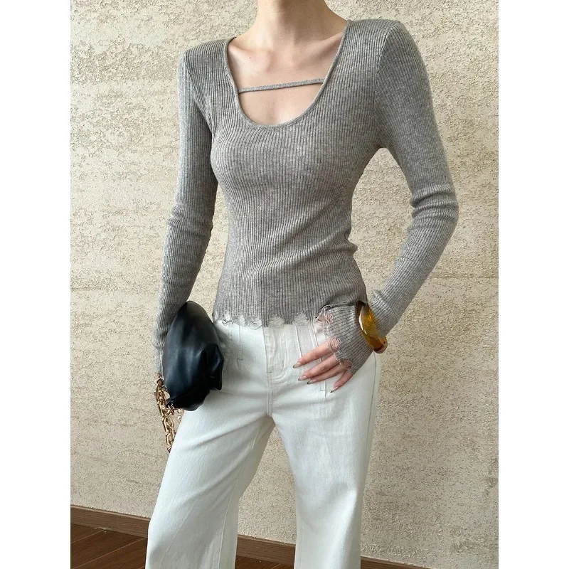 

Women Gray Raw Edge Large U-neck Hollow Base Knit Sweater Simple Slim White Black Khaki Long-sleeved Lady Sweater Pullover