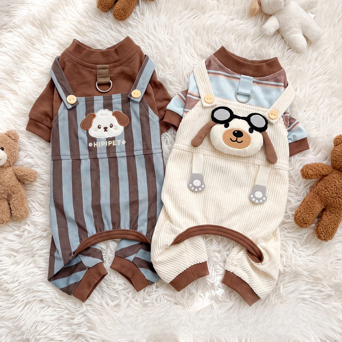 Autumn and Winter Pet Cartoon Striped Strap Pants Teddy Cat Warm Four Leg Clothes Cute Thick Bottom Shirt