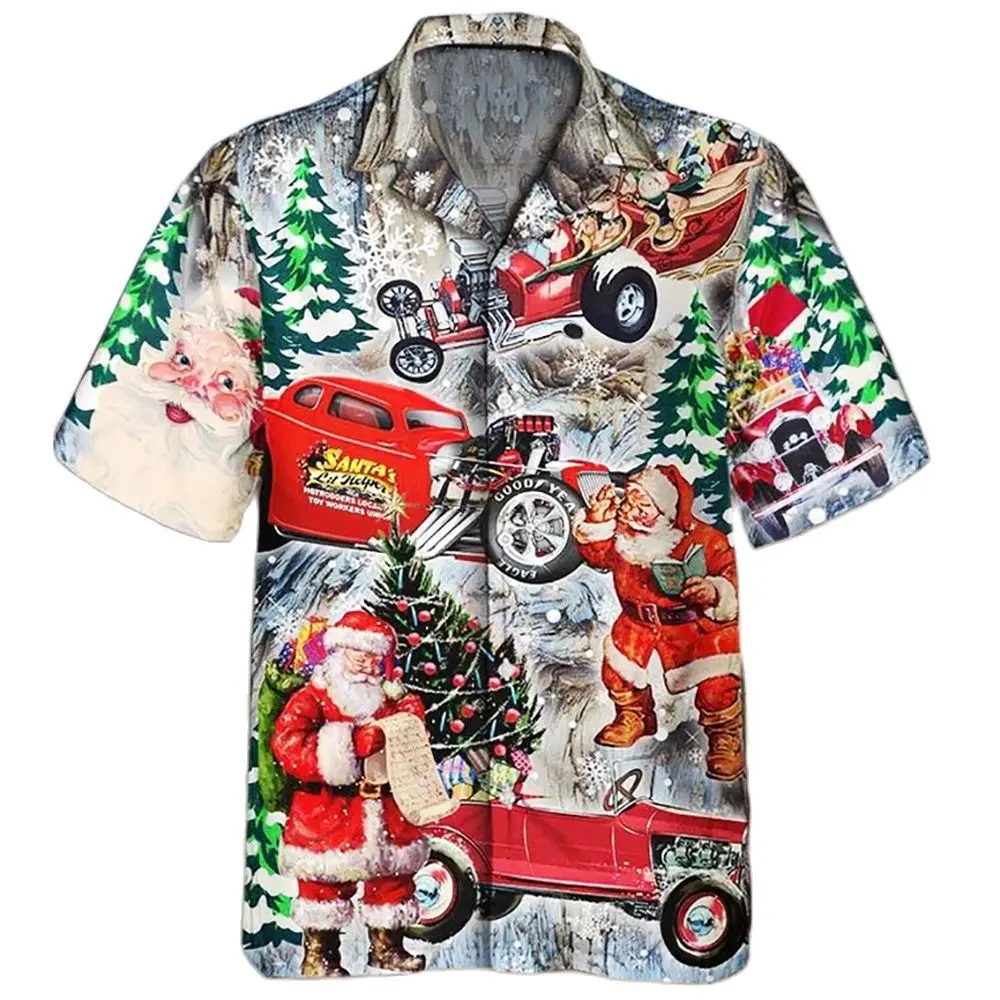 2024 New Arrival Men\'s Shirts Men Hawaiian Camicias Casual One Button Christmas Skull Printed Short-sleeve Blouses Tops