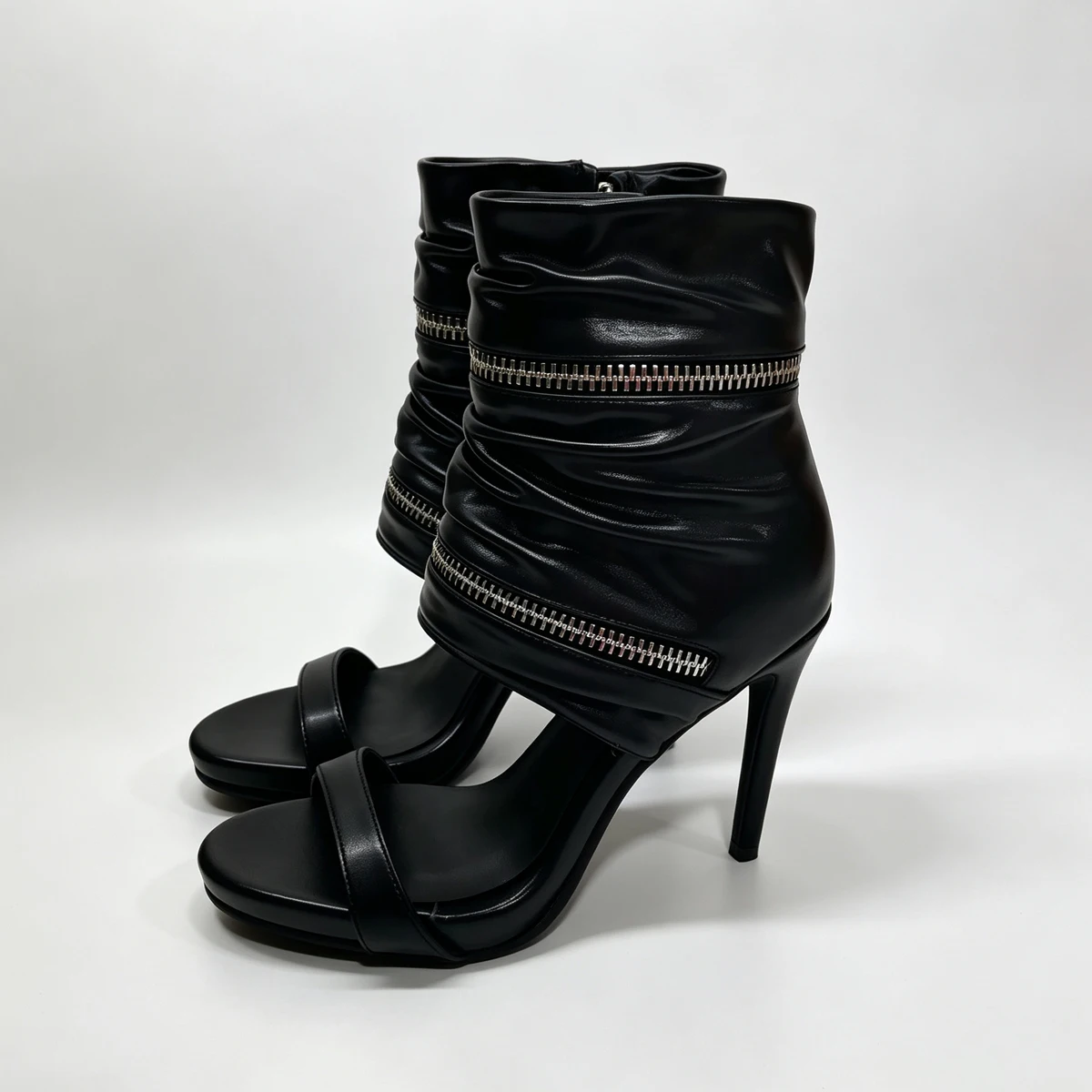 Women Open Toe Ruched Ankle Boot Sandals Metal Zipper Decor Stiletto High Heels Fashion Night Out Ladies Dress Shoes