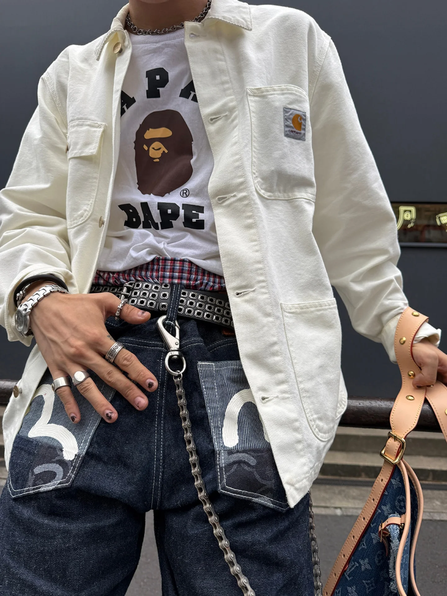 Retro Y2K Eye Brow Belt with Three Rows of Nails Men's Punk Style Hip Hop Decorative No Punching Waist Belt for Youth