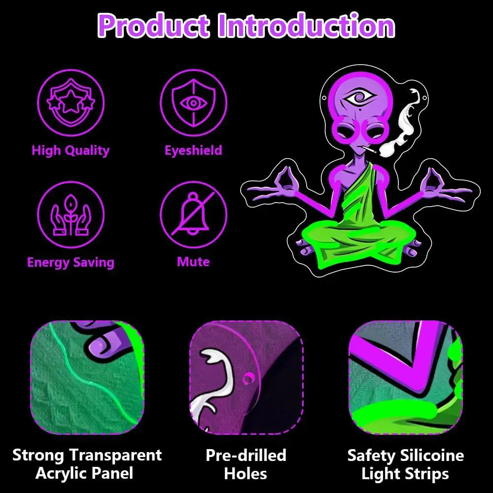 Meditating Alien Neon Sign USB Dimmable LED Lights For Cosmic Funny Alien Themed Bedroom Gameroom Dorm Man Cave Wall Art Decor