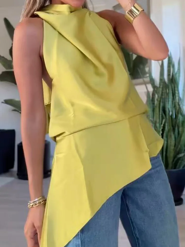 Halter Lace-Up Fashion Chic Blouse, Women Summer Sleeveless Elegant Irregular Top, 2026 Solid Patchwork Backless Ladies Shirts