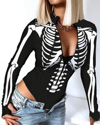 Women Top Romper V Neck Skulls Slim Casual Halloween Skeleton Print Zip Front Long Sleeve Bodysuit Sexy Bodysuits