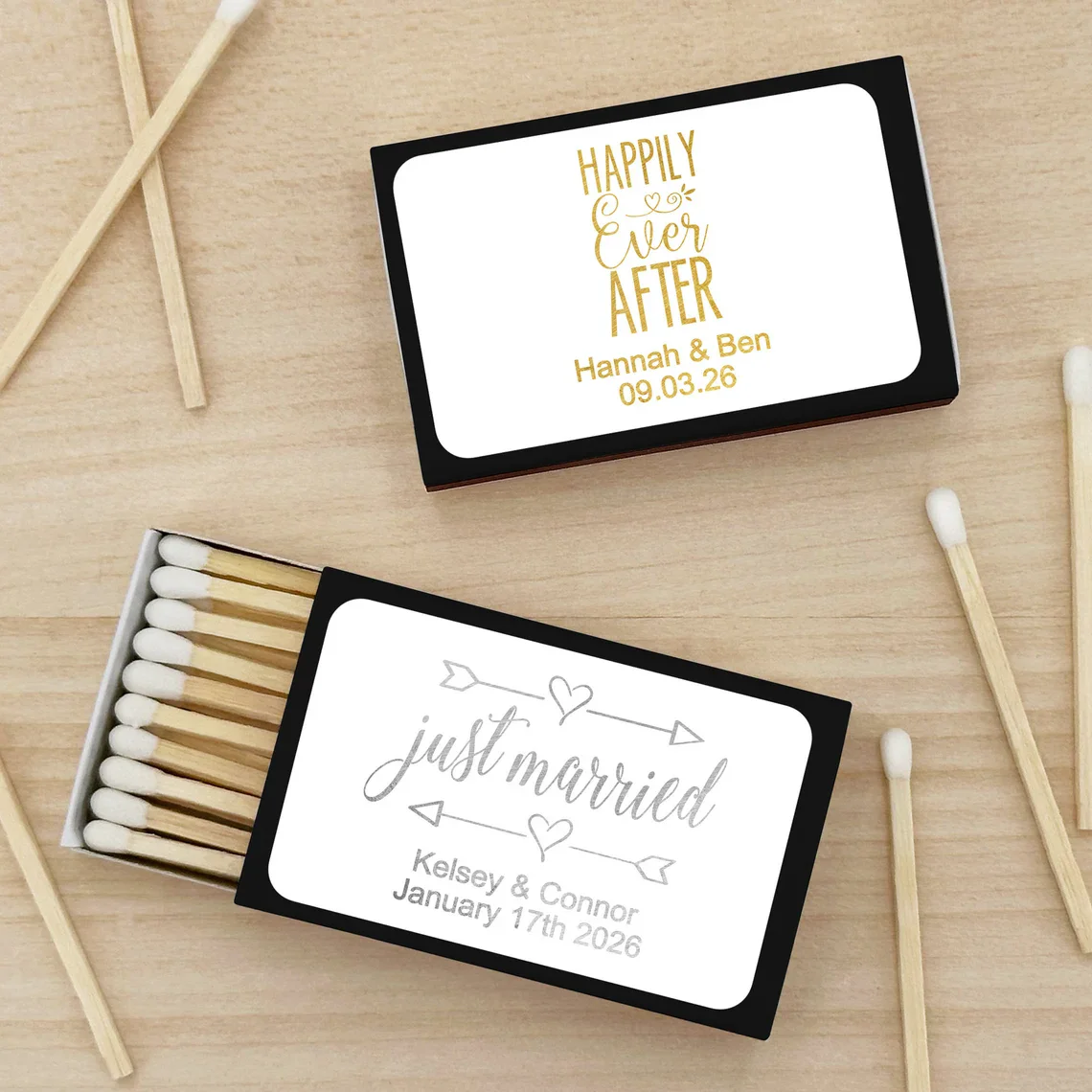 100pcs Personalized Wedding Matches, Wedding Favor Matches, Metallic Foil Wedding Matches, Bridal Shower, Custom Matchboxes -Set