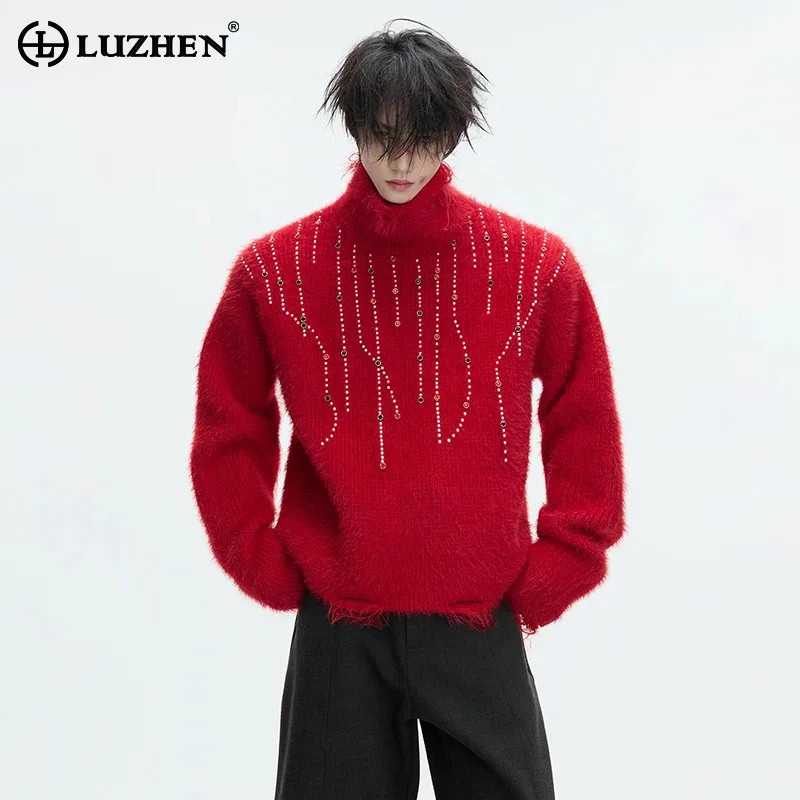 

LUZHEN 2025 Winter New High Quality Tassel Diamond Patchwork Decorate Knitted Turtleneck Men's Fashion Handsome Sweater JY5342