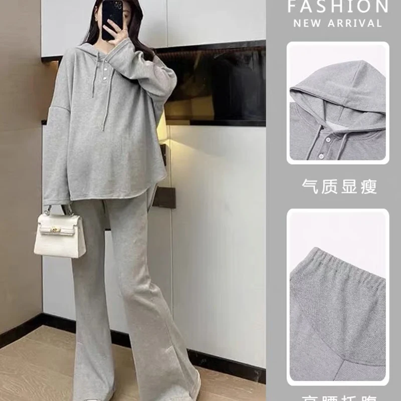 Spring and Autumn Hooded Long Sleeved Pregnant Women's Pants Two-piece Set Casual Maternity Sports Clothes Sets Plus Size Suits