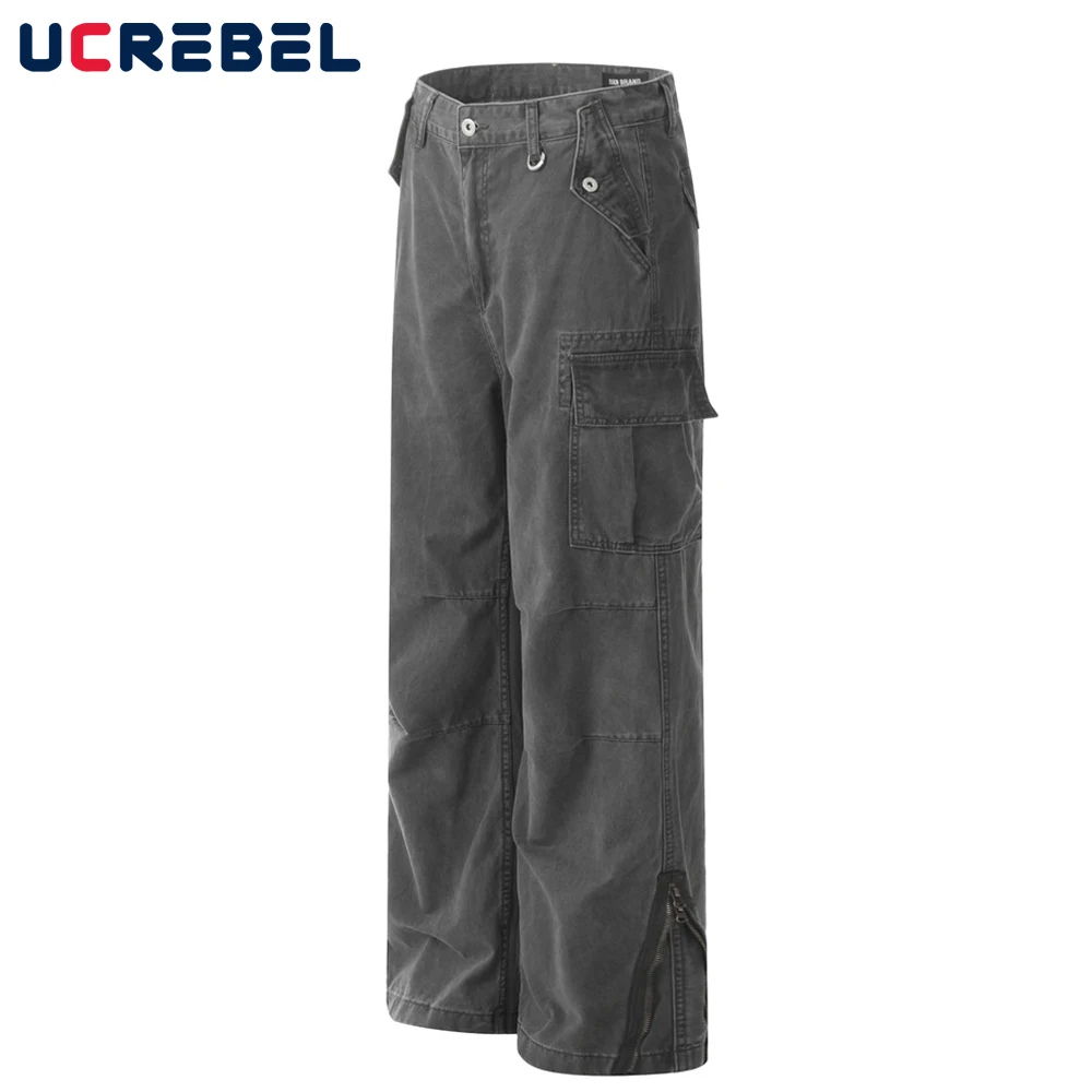 

Джинсы мужские на молнии, прямые свободные брюки с несколькими карманами, со сращением, широкими штанинами, в стиле High Street