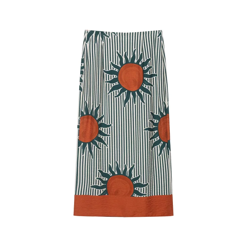 Fashion Ladies Boho Mid‑Calf Skirt 2026 New Print Vertical Stripe Pattern Single Button High Waist Split Hem Holiday Bottoms