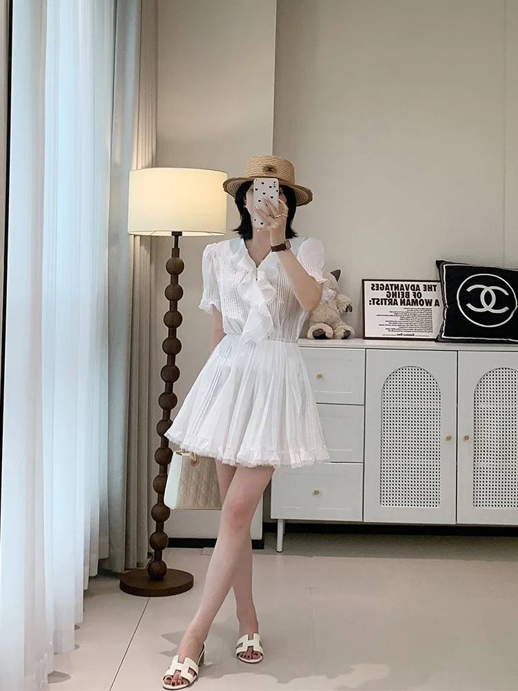 

Sweet Girl Feel Pure Cotton V-ne ort Sve Lace Top Women Fixed Waist High Waist Slimming f Skirt Women Set